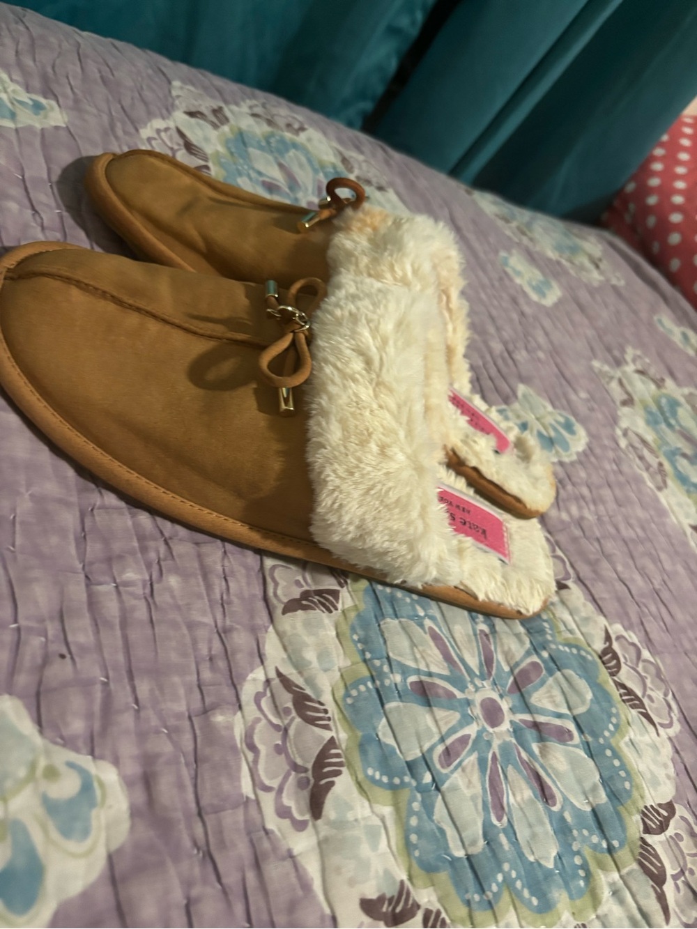 kate spade Tan Faux-Suede Slip-On Slippers with Cream Fur Trim
